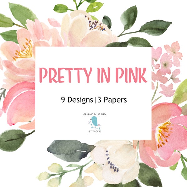 Pink and Blush Flowers Watercolor Clipart Collection, Pink Flowers PNG for Baby Shower or Bridal Shower, Seamless Digital Paper, Pink Wreath