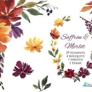 Fleurs aquarelles, roses et pivoines de Bourgogne et d’or avec violet, éléments individuels, bouquets, couronne florale, cadre floral, mariage d’automne
