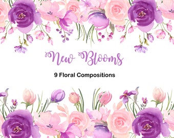 Fleurs printanières fraîches en violet, rose et lavande Collection d’aquarelle, Clip Art de mariage, Clipart à l’aquarelle pour les invitations de bricolage
