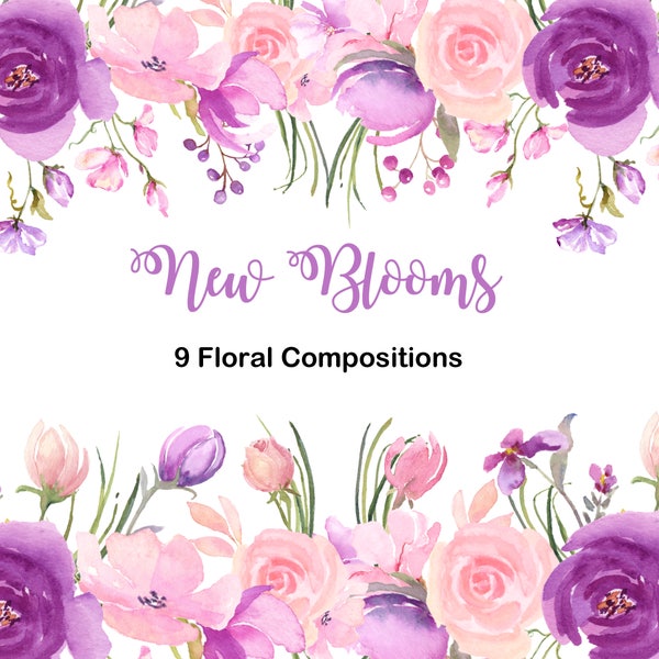 Fresh Springtime Flowers in Purple, Pink and Lavender Watercolor Collection, Wedding Clip Art, Watercolor Clipart for DIY invitations