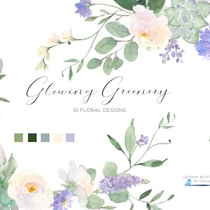 Verdure avec fleurs Aquarelle Clip Art, Fleurs blanches, pervenches et violettes, Dessins avec plantes succulentes à l’eucalyptus, Mariage blanc, Baptême