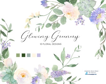 Greenery with Flowers Watercolor Clip Art,  White, Periwinkle and Purple Flowers, Designs with eucalyptus succulents, White Wedding, Baptism
