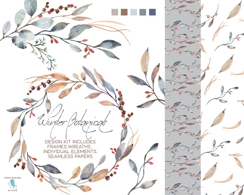 May include: A watercolor illustration of winter botanicals. The illustration includes wreaths, frames, individual elements, and seamless papers. The illustration is in shades of blue, brown, and red. The text 'Winter Botanicals' is written in cursive script. The text 'Design Kit Includes Frames. Wreaths. Individual Elements. Seamless Papers' is written in a sans-serif font.