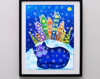 Peinture de chat, peinture de chat bleu de Noël, art original de chat, peinture de cadeau de chat, oeuvre d'art de beau chat de 13 x 15 po. par NinaPaintingGR