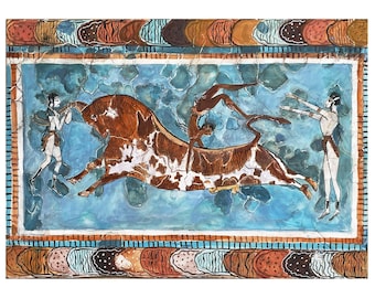 雄牛が跳躍するミノア文明のフレスコ画、クノッソス宮殿、紀元前1500年