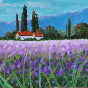 Lavender Field Painting: Tuscany Landscape, Original Acrylic Artwork (10x12)