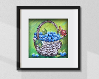 Blueberry Painting Fruit Basket Original Art Blueberry Original Art Blueberry Artwork Kitchen Wall Art 8 by 8" by NinaPaintingGR