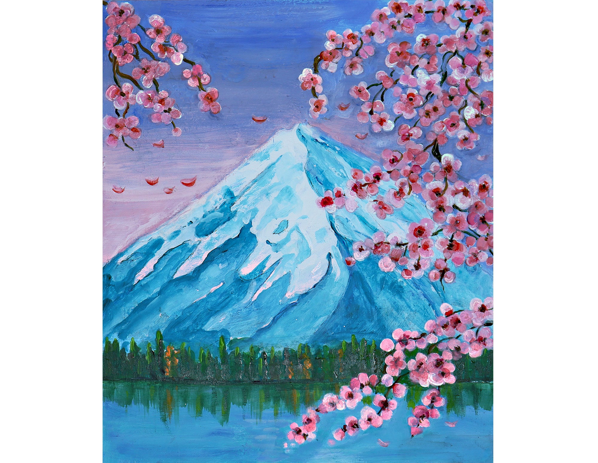 最前線の Fuji Mountain Cherry Artwork Original Sacura Painting 絵画+タペストリー