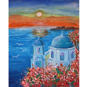 Santorini Seascape Painting: Original Greek Island Acrylic Artwork (10x12)