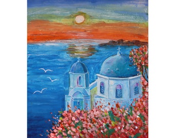 Santorin Peinture Grèce Œuvre originale Grèce Paysage Peinture Île grecque Œuvre d’art 10 par 12 » par NinaPaintingGR