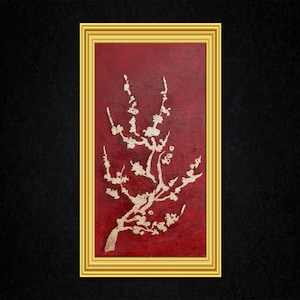 Red Cherry Blossom Painting: Japanese Sakura Acrylic Art on Canvas (7.8x15.7&quot;)