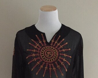 Vintage Black Sheer Long Sleeve Top With Crewel Embroidery