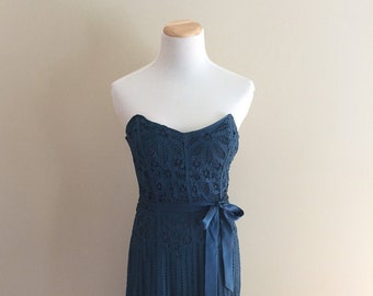 1980's-1990's Vintage Betsy Johnson Strapless Dress/Teal Cotton Lace/Embroidered Tulle