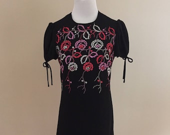 Early1970's Vintage Embroidered  Black Wool Crepe Dress/GiGi