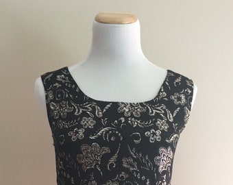 1960's Vintage Black Silk Jacquard Shell With Silver and Bronze Metallic/Scoop Neck/Back Zipper/Silk Lined