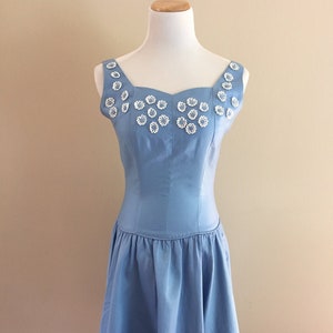 1950's Vintage Blue Cotton Sundress/Sweetheart Neckline/Appliqued image 1