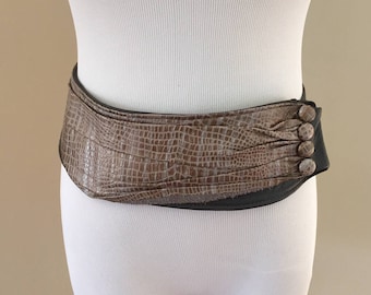 1980s Vintage Charcoal Leather Belt /Ruched Stamped Metallic Skin Trim