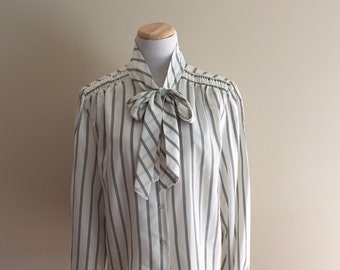1970's Vintage Black & White Striped Blouse/Pussy Bow /Lady Arrow Womenswear