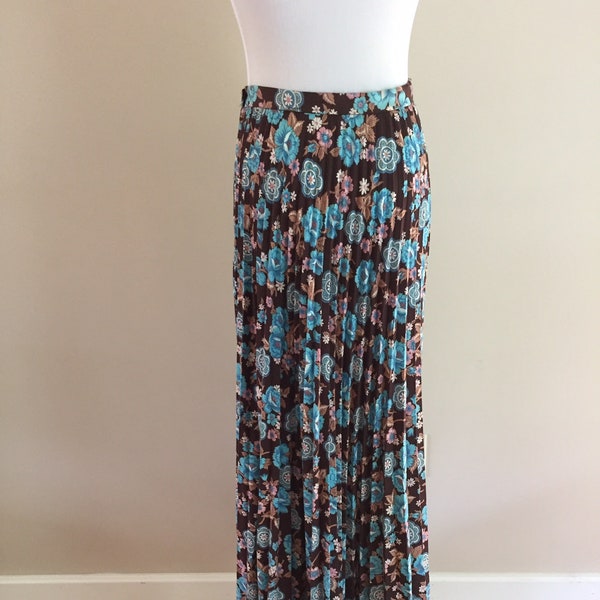 1970's Vintage Accordion Pleated Floral Maxi Skirt/Baby Blue,Mauve,White,Brown