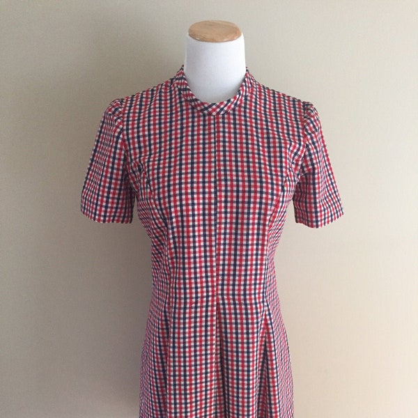 Late 1960's-Early 1970's Short Sleeve Seersucker Dress/Red,White, and Blue Check/Princess Lines/Inverted Front and Back Pleat