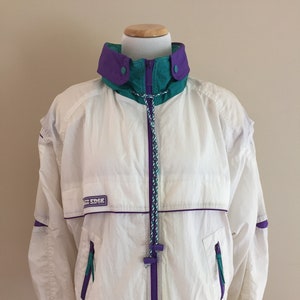 1980er Vintage Nylon Windbreaker / Lila und Türkis Farbblock / Kapuze / FLUSS KANTE