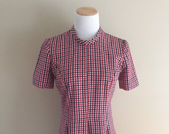 Late 1960's-Early 1970's Short Sleeve Seersucker Dress/Red,White, and Blue Check/Princess Lines/Inverted Front and Back Pleat