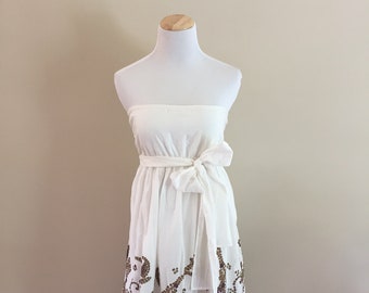 Late 1990's Vintage Strapless Sundress/White Cotton/Border Print/Made in India