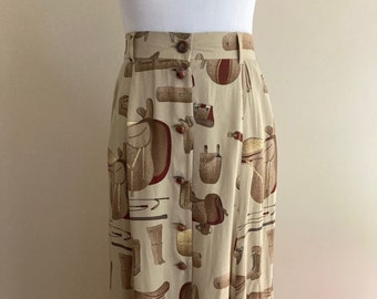 Late 1980's-1990's Equestrian Print Skirt/Viscose/Earthtones/Button Front/Belt Loops/4-Slit Hemline/Pockets/Betty Barclay/Made in Germany