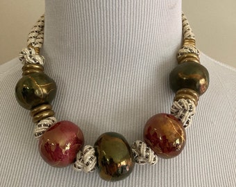 Vintage Chunky Choker/Ivory With Gold Metallic Rope/Large Burgandy and Olive Green Beads with Gold Swirls/Brass Trim and Hook Closure