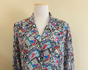 1980's Vintage Mixed Print Blouse/Black,White,Teal,Purple,Blue,Red,Yellow/Translucent /Long Sleeves/Soft Shoulder Pads/Leslie Fay Separates