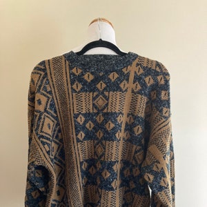 1980's Vintage Men's Patterned Sweater/Deep Camel and Charcoal/Robert Bruce/Drop Shoulder/Acrylic and Rayon/Made in Korea