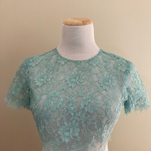 Late 1950's-Early 1960's Chantilly Lace Cropped Top/Aqua/Scalloped Hem and Sleeves/Back Snap Closure