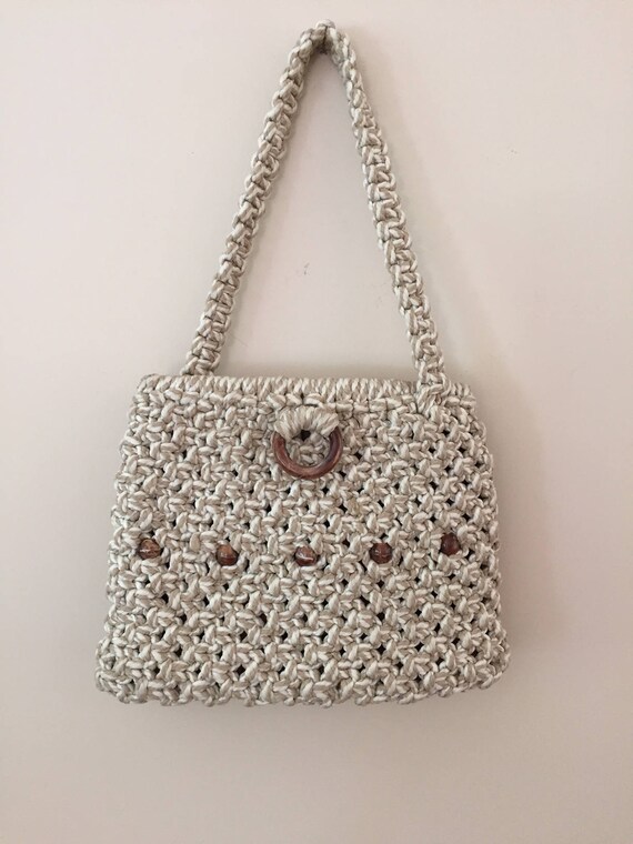 1970's Vintage Tan and White Crochet Bag With Pla… - image 3