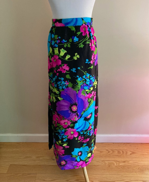 60's/70's Green Striped and Pink Floral Maxi Skirt