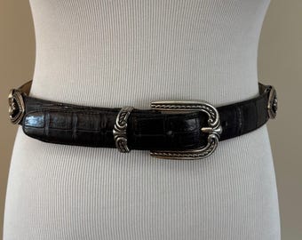 ヴィンテージ ブライトン レザーベルト/ブラック＆ブラウン 刻印入りクロコダイル/装飾バックルとハート金具/アメリカ製