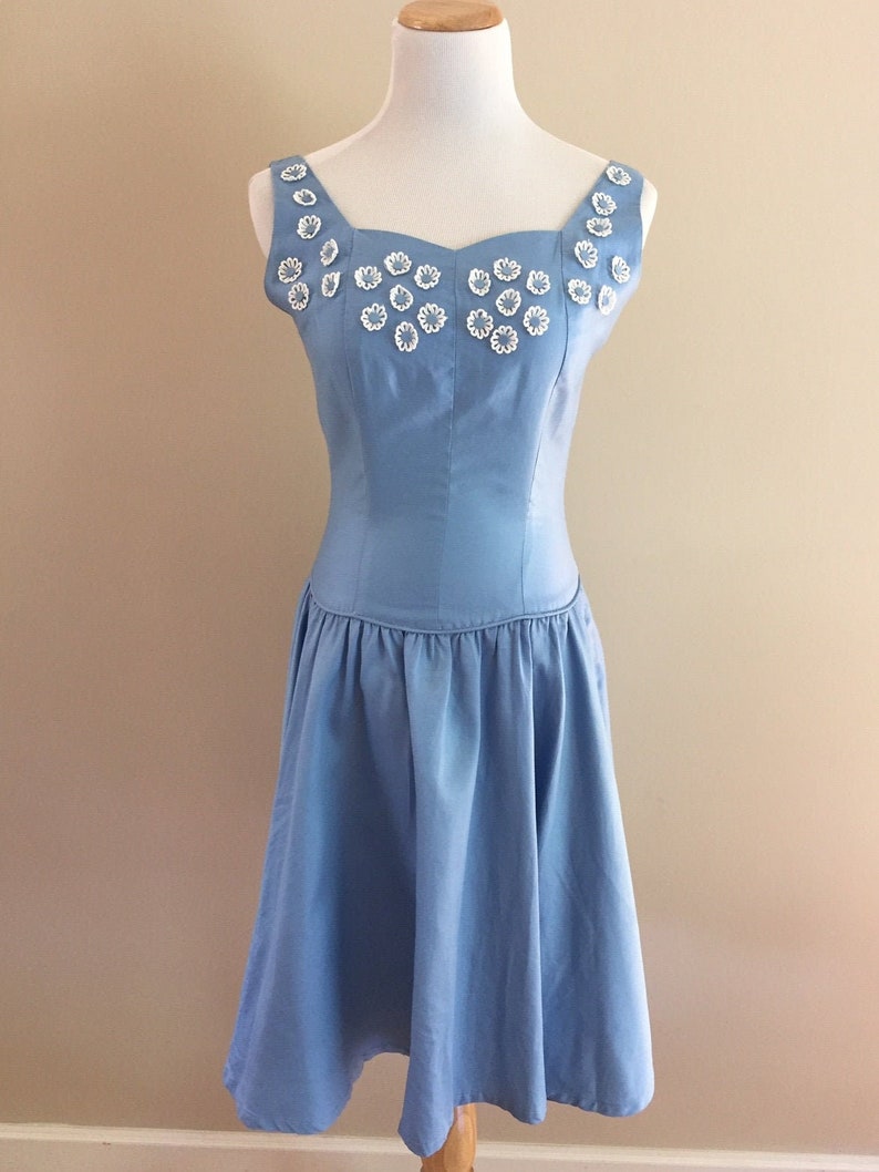 1950's Vintage Blue Cotton Sundress/Sweetheart Neckline/Appliqued image 1