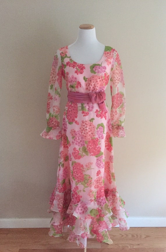 1960's Vintage Sheer Pink Floral Maxi Dress/Nylon