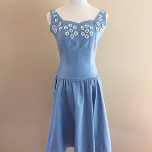 1950's Vintage Blue Cotton Sundress/Sweetheart Neckline/Appliqued image 3