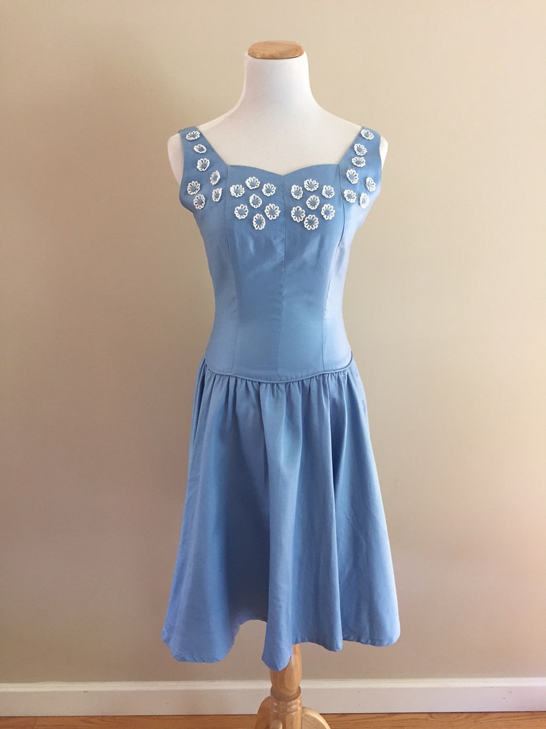1950's Vintage Blue Cotton Sundress/Sweetheart Neckline/Appliqued image 3