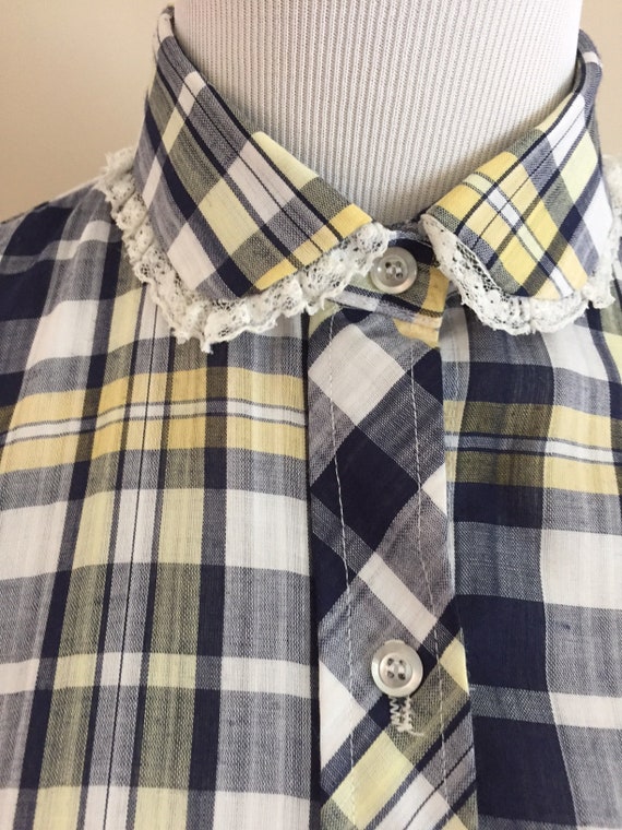 1970's Vintage Plaid Shirt/Navy,Yellow,White/Whit… - image 5