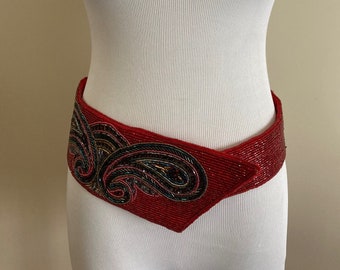 1980's Vintage Red Beaded Belt/Iridescent/Paisley Motif /Snap Closure/Red Satin Underside/Handmade in China