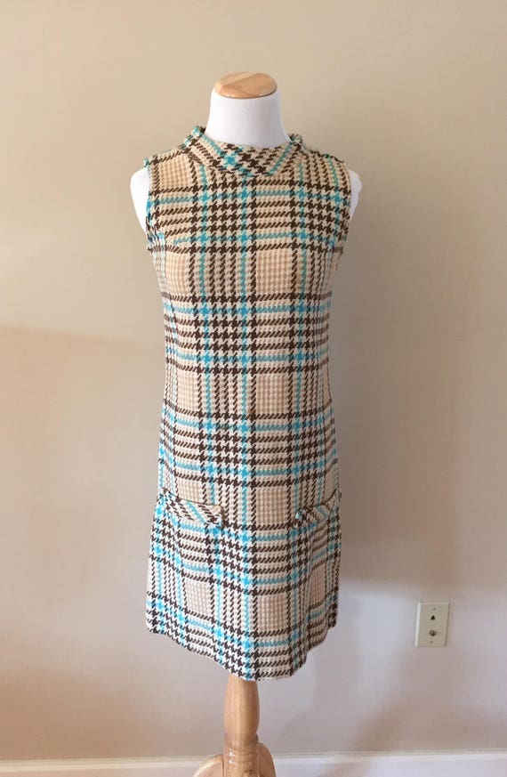 1960 S Vintage Camel Brown Turquoise White Wool Plaid Etsy