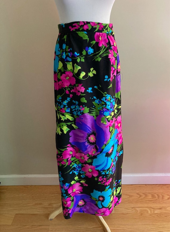 1960's Vintage Floral Maxi Skirt/Black,Turquoise,P