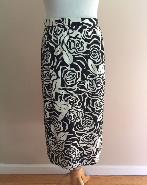 1980's Black and White Floral Skirt/Silk Jacquard… - image 1