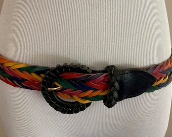 1980's Braided Leather Belt/ Multi-Colors/Deep Red,Orange,Rose,Yellow,Green,Navy/Black Buckle and Loop