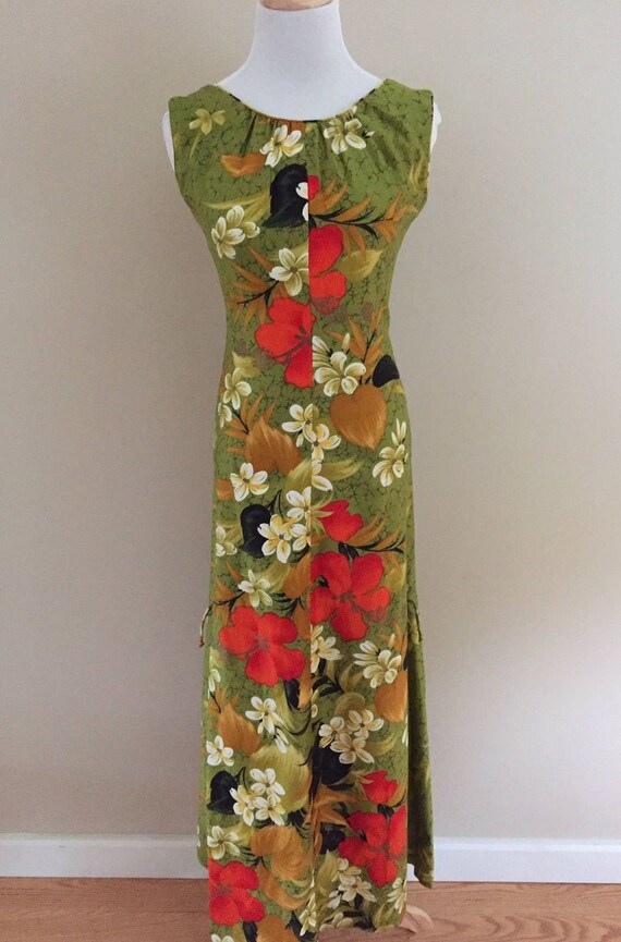 1960's-70s Vintage Apple Green Floral Maxi Dress/Made… - Gem