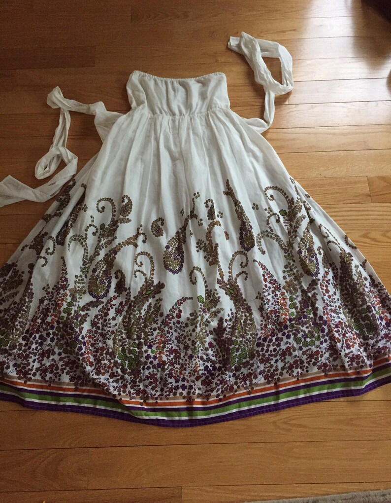 Late 1990/'s Vintage Strapless SundressWhite CottonBorder PrintMade in India