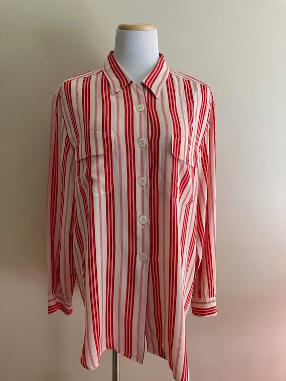 1980's Vintage Silk Vertical Stripe Blouse/Red and