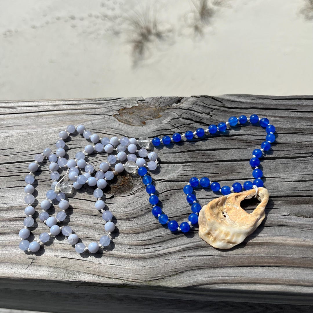Shell Maala Oyster Shell Mala With Blue Aventurine, Blue Lace Agate and Clear ...