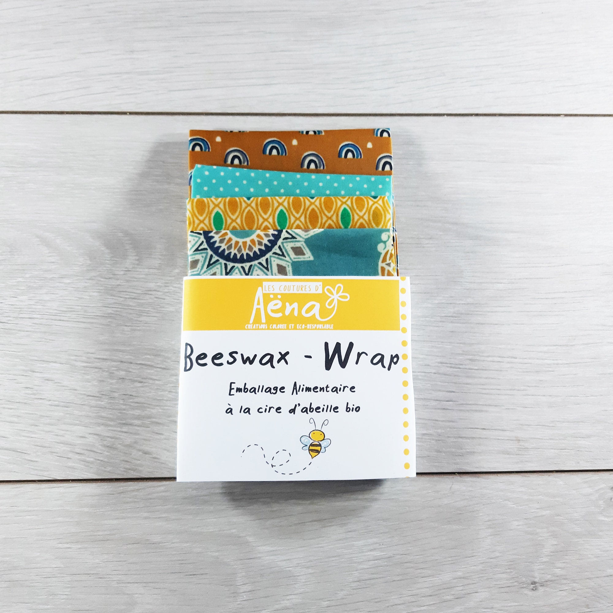 Lot de 4 Beeswax Wrap A La Cire D Abeille Bio Tissus Bleu Jaune Mandala Arc en Ciel